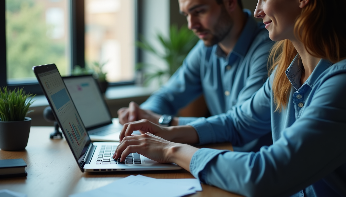 Eye-level view of a marketer analyzing data on a laptop