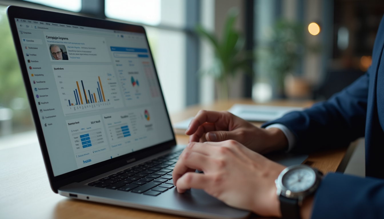 Close-up view of a marketer analyzing campaign performance on a laptop