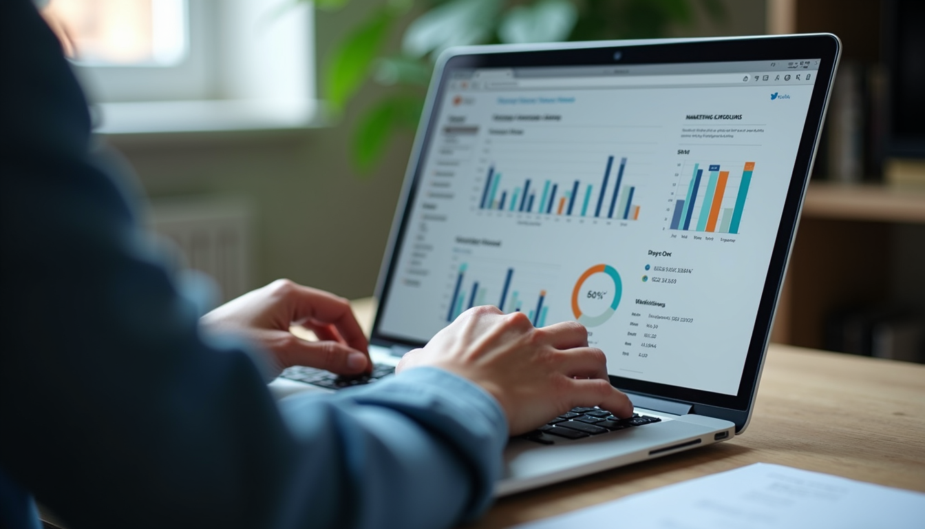 Eye-level view of a person analyzing marketing data on a laptop